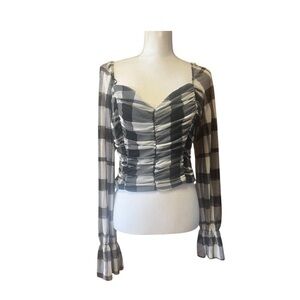 Lily Star Francesca’s Patrica Long Sleeve Plaid Ruched Blouse NWT